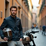 Jeune motard avec un casque intégral et une veste moto debout à côté d'une moto 125cc dans une rue pavée de Rome
