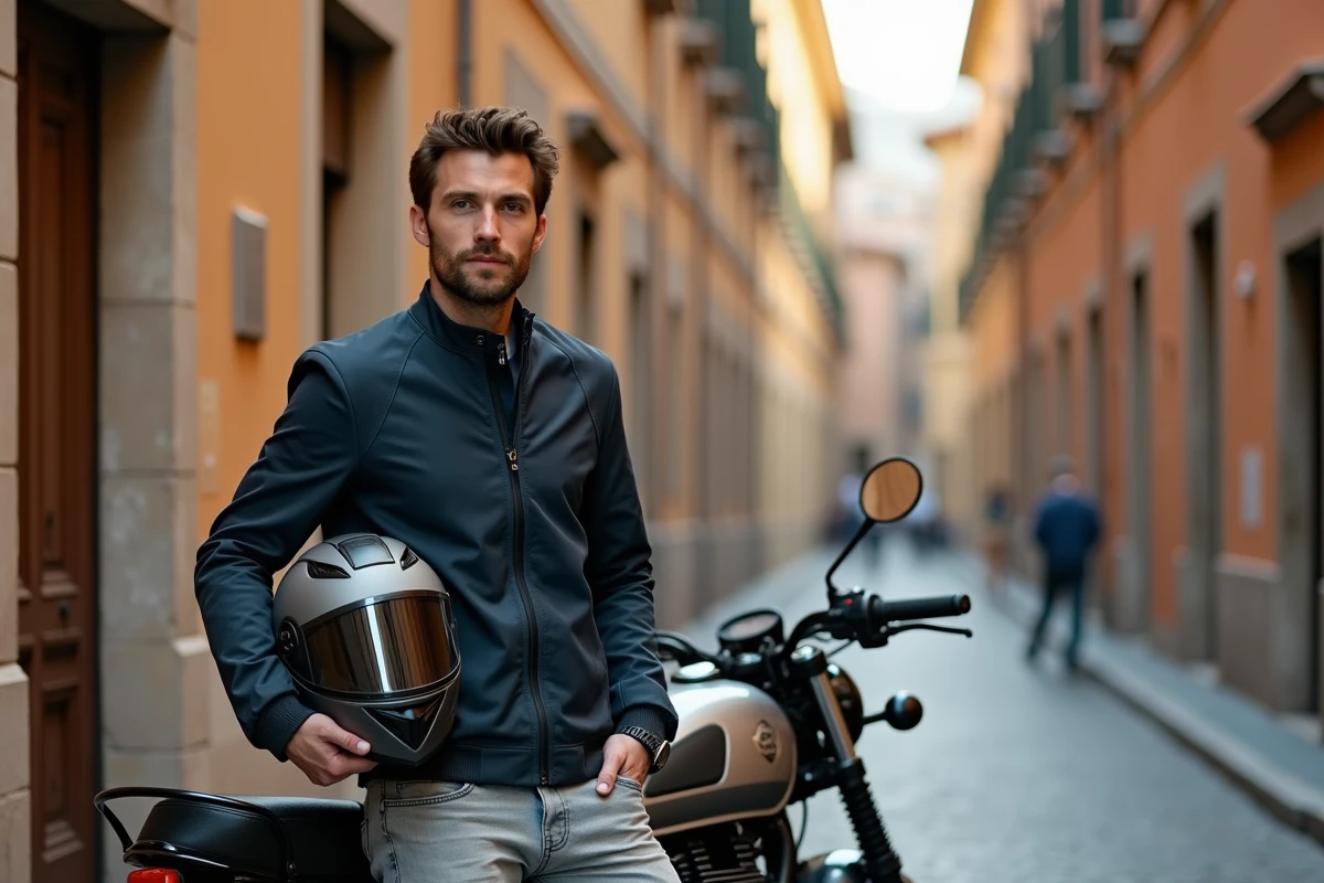 Jeune motard avec un casque intégral et une veste moto debout à côté d'une moto 125cc dans une rue pavée de Rome