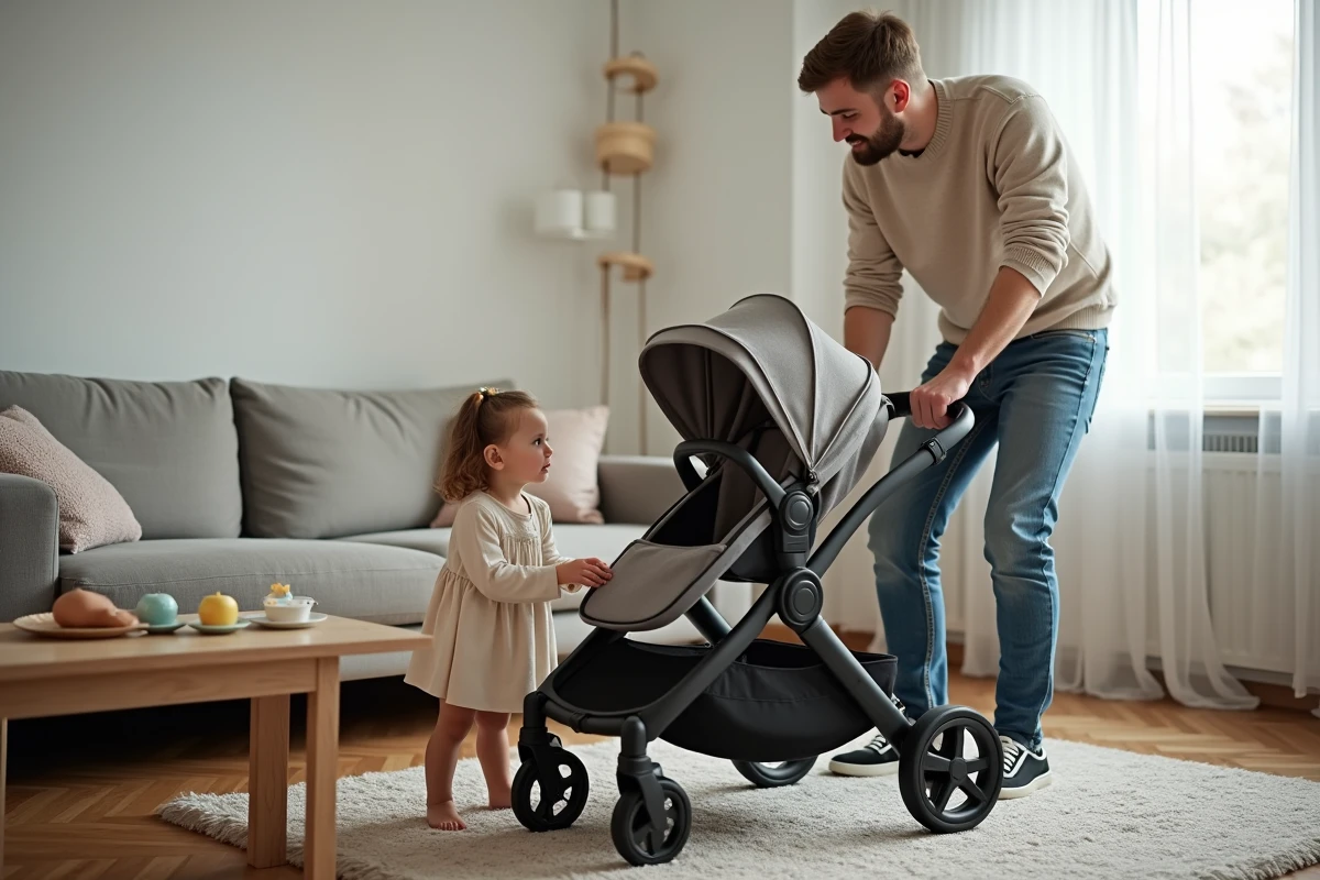 Papa assemble une poussette avec sa fille dans le salon