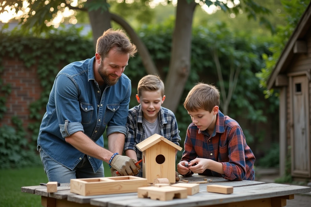 Père et ses deux fils adolescents construisant une cabane à oiseaux ensemble dans un jardin authentique