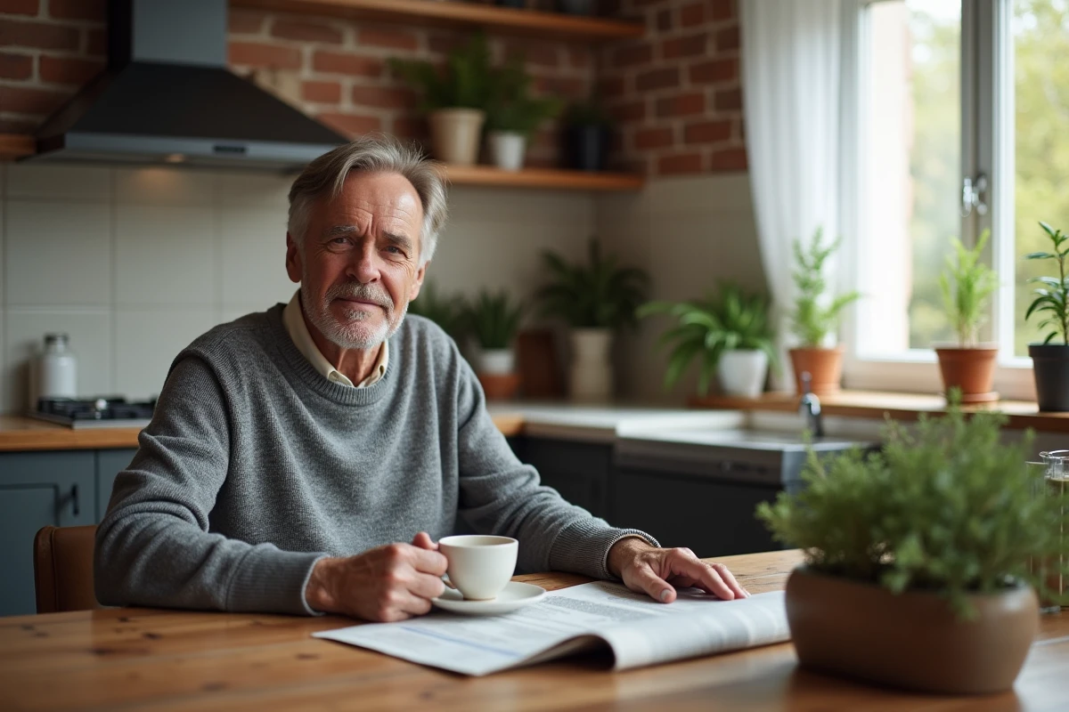 Personnalité médiatique française dans une cuisine familiale authentique avec café et journal, illustrant la vie privée et le quotidien domestique
