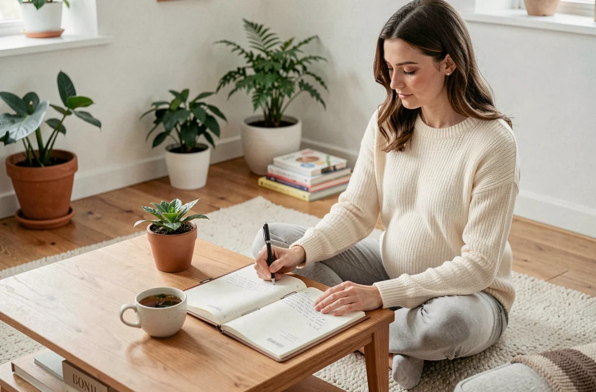 Femme enceinte planifiant l'arrivée de bébé avec un agenda posé sur un plancher en bois dans un intérieur scandinave chaleureux