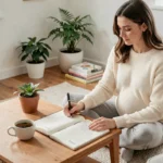 Femme enceinte planifiant l'arrivée de bébé avec un agenda posé sur un plancher en bois dans un intérieur scandinave chaleureux