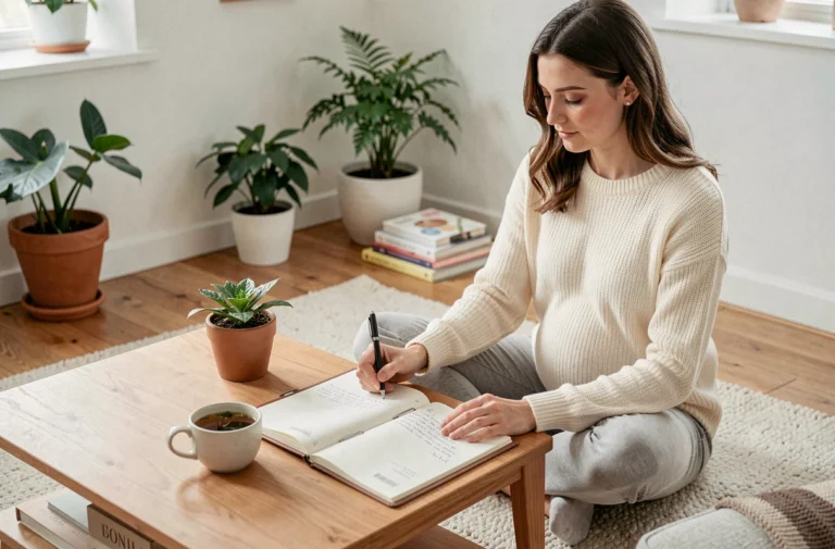 Femme enceinte planifiant l'arrivée de bébé avec un agenda posé sur un plancher en bois dans un intérieur scandinave chaleureux