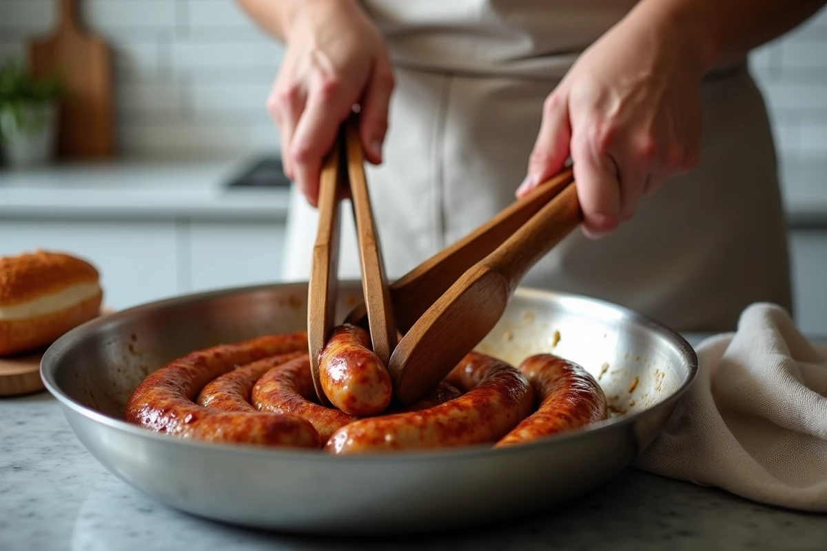 Mains retournant des merguez à la poêle avec des pinces en bois pour une cuisson uniforme