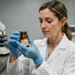 Scientifique en blouse blanche examinant un flacon de compléments alimentaires dans un laboratoire pharmaceutique moderne