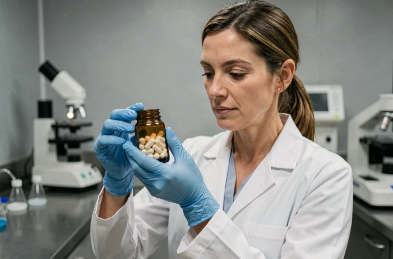 Scientifique en blouse blanche examinant un flacon de compléments alimentaires dans un laboratoire pharmaceutique moderne