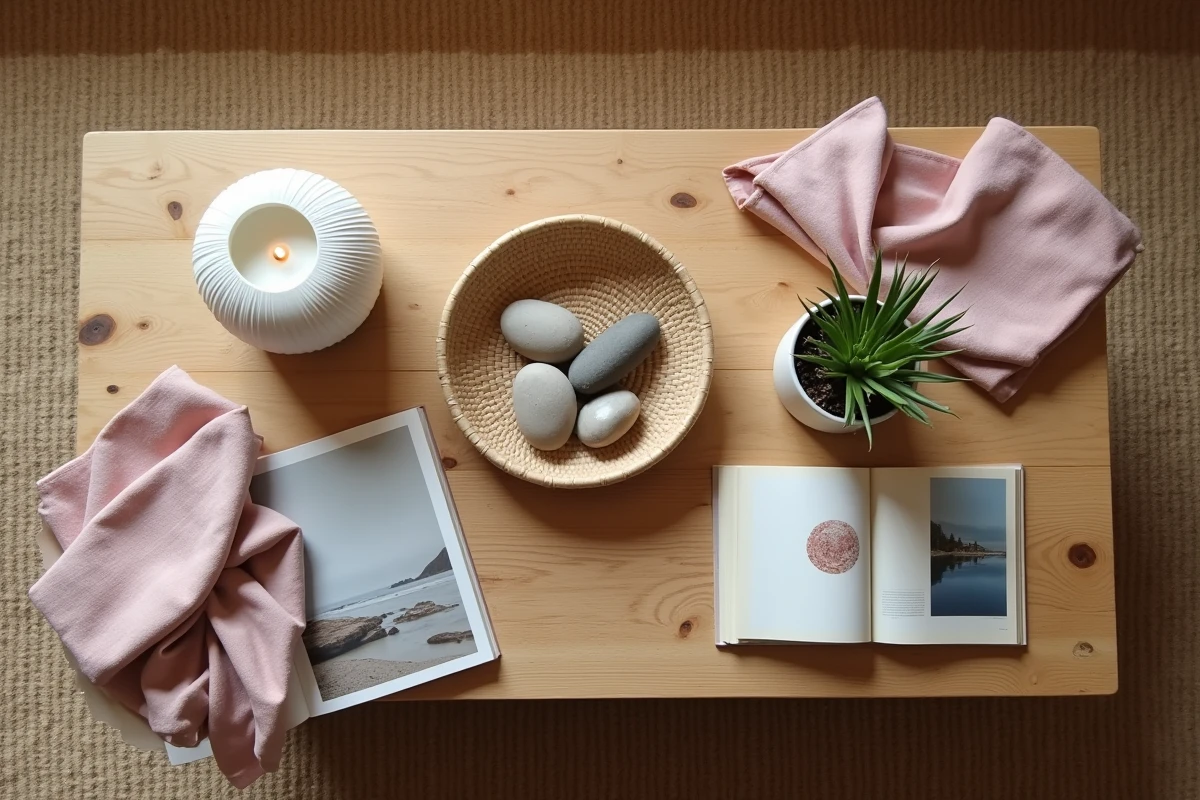 Vue de dessus d'une table basse en chêne décorée avec un plateau en rotin, une bougie en céramique, une plante succulente et un livre de décoration