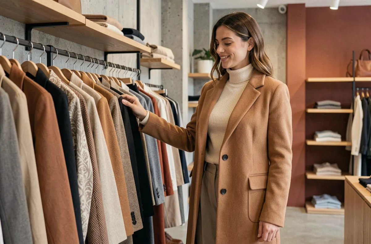 Femme élégante en manteau camel et pantalon large dans une boutique parisienne tendance automne-hiver