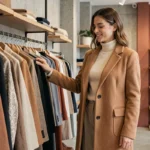 Femme élégante en manteau camel et pantalon large dans une boutique parisienne tendance automne-hiver