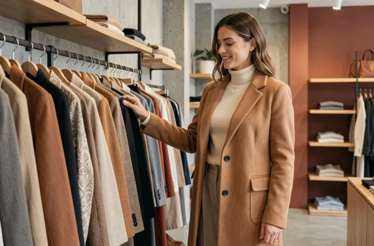 Femme élégante en manteau camel et pantalon large dans une boutique parisienne tendance automne-hiver