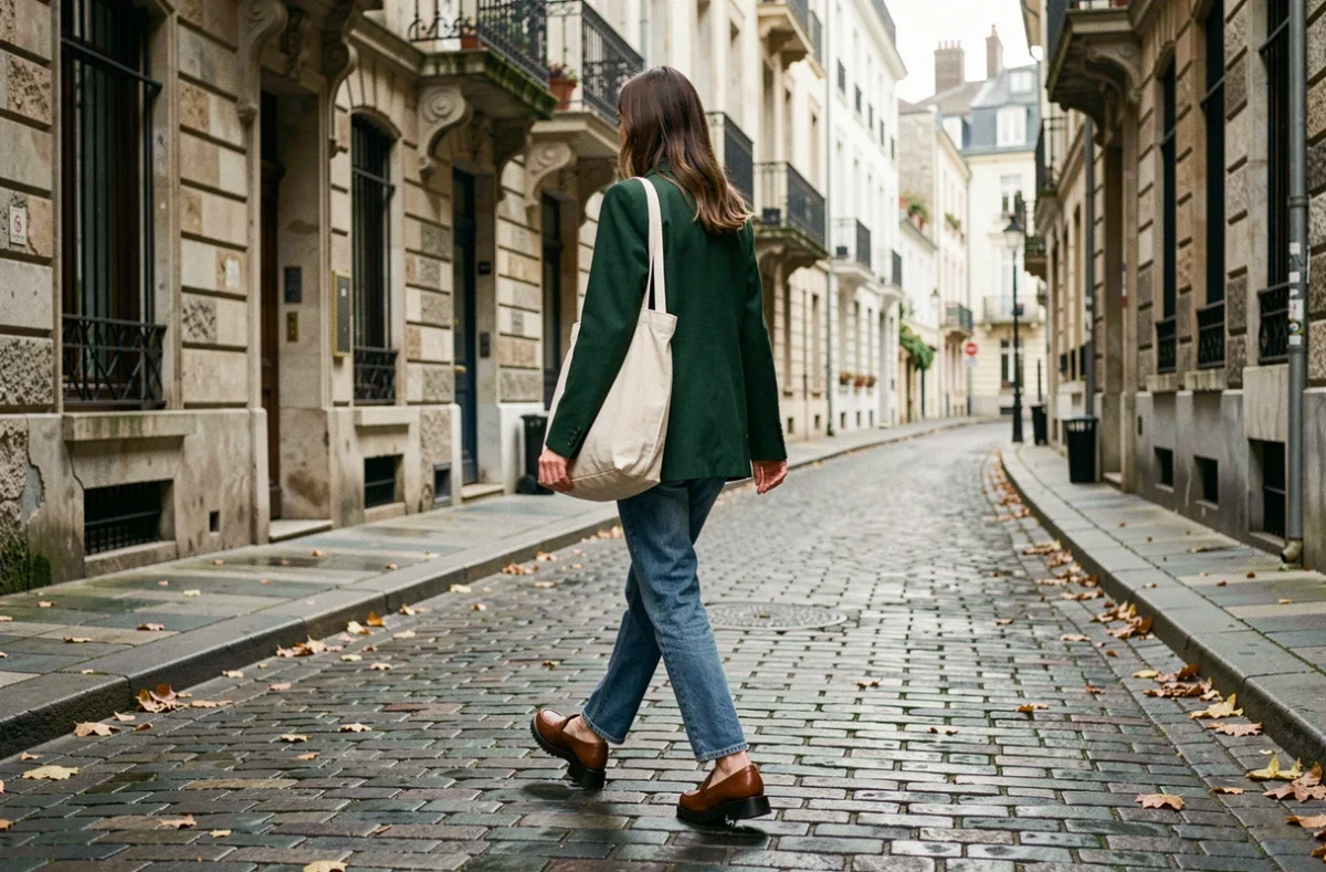 Femme en blazer vert et jean droit marchant dans une rue pavée européenne avec look tendance automne