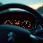 Tableau de bord Peugeot 5008 avec voyants orange allumés indiquant des alertes moteur et pression des pneus