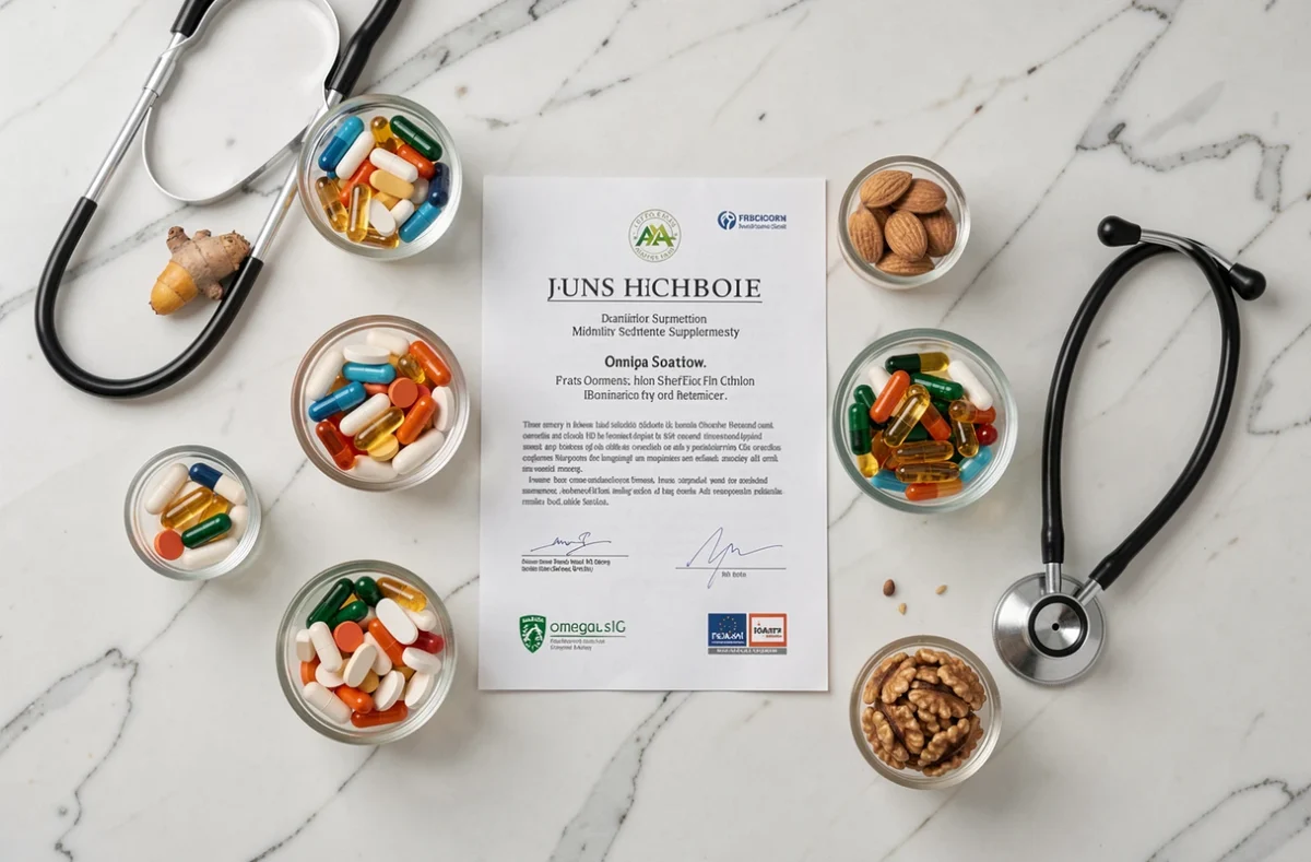 Vue aérienne de compléments alimentaires, certification qualité et ingrédients naturels sur marbre blanc